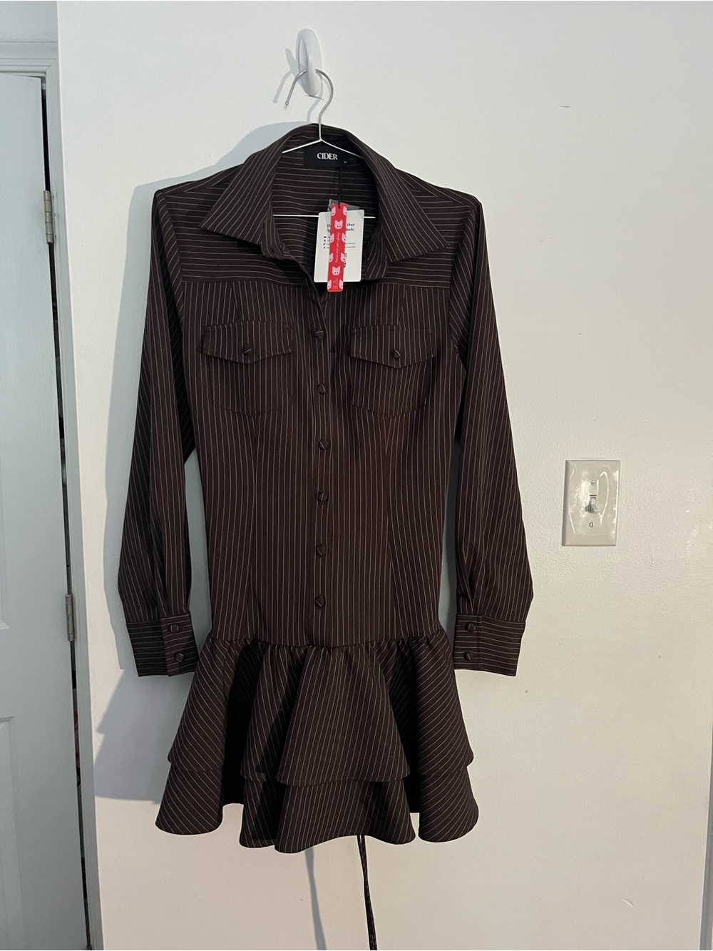 Cider Brown Pinstripe Tiered Long-Sleeve Shirt Dress - Picture 3 of 3